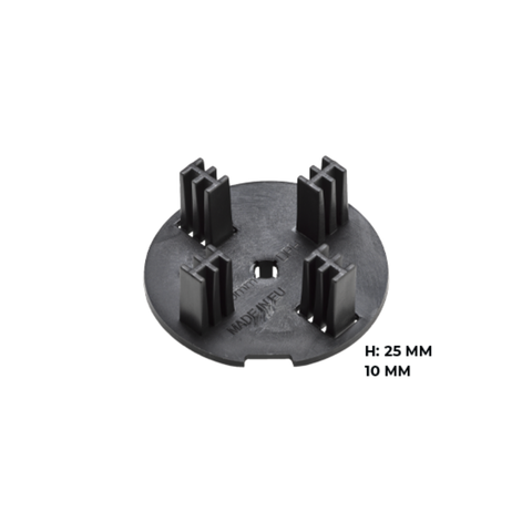 Buzon Spacer Tabs: black plastic clips for 10mm paver spacing on pedestals, ensuring alignment, drainage & ventilation.