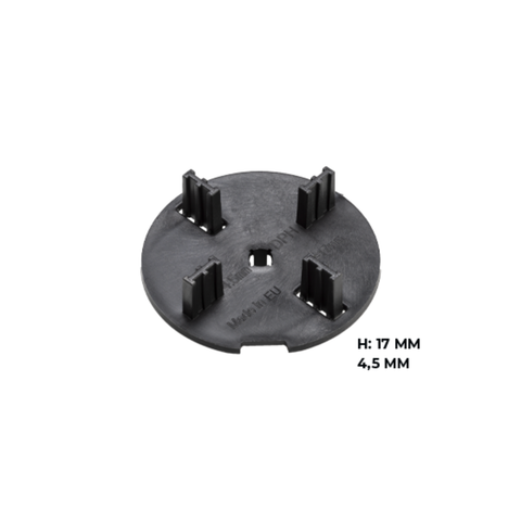Buzon Spacer Tabs: black clip-on plastic discs with 4 prongs on pedestals for 4.5mm paver gaps, ensuring alignment, draina...