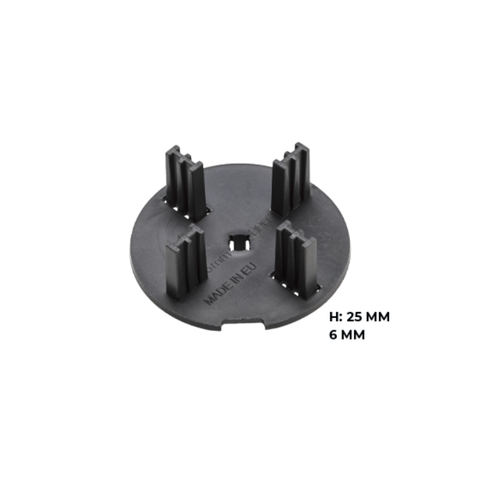 Buzon Spacer Tabs: black clip-on plastic tabs ensure 6mm paver spacing, alignment & drainage on pedestals for raised floors.