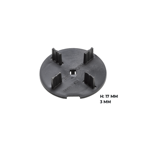 Buzon Spacer Tabs: black clip-on discs (17mm H, 3mm gaps) for precise paver alignment, drainage on pedestal systems.