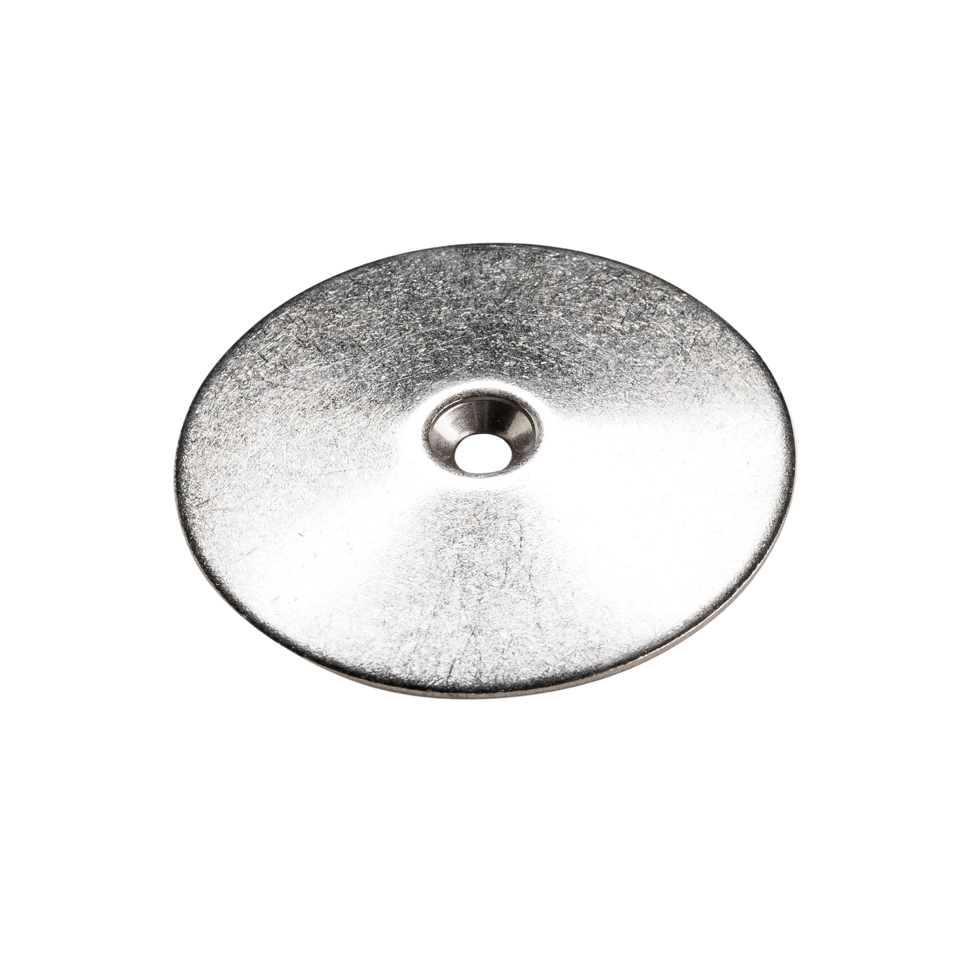 Silver metal flat washer with central hole, durable round hardware fastener for bolts