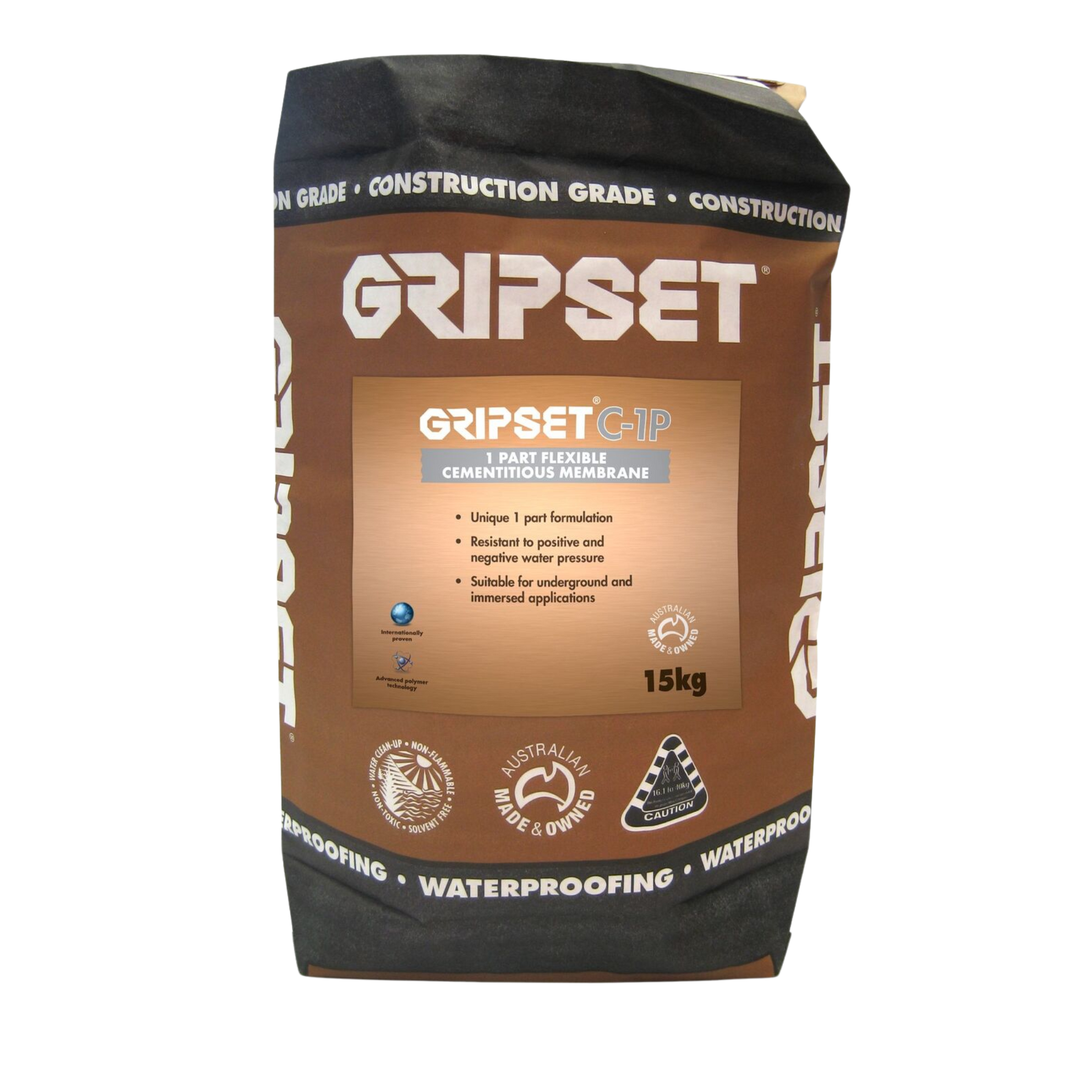 15kg GripSet G1P 1-part flexible grout bag, construction grade for waterproofing, negative water pressure & immersed apps