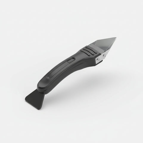 Ergonomic ice scraper with stainless steel blade & rubber squeegee, black grip handle for car windshields