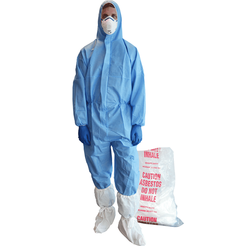Worker in XXL blue disposable overalls, hood, cuffs & booties: breathable PPE barrier vs paint, dust, grease for safe trad...