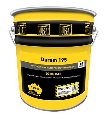 Duram 195 15L pail of polyurethane waterproofing membrane for leak-proof roofs, decks, balconies.