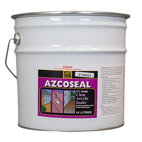 Duram Azcoseal 15L drum, clear acrylic sealer. Primes porous masonry for waterproofing membranes, creates resilient barrier.