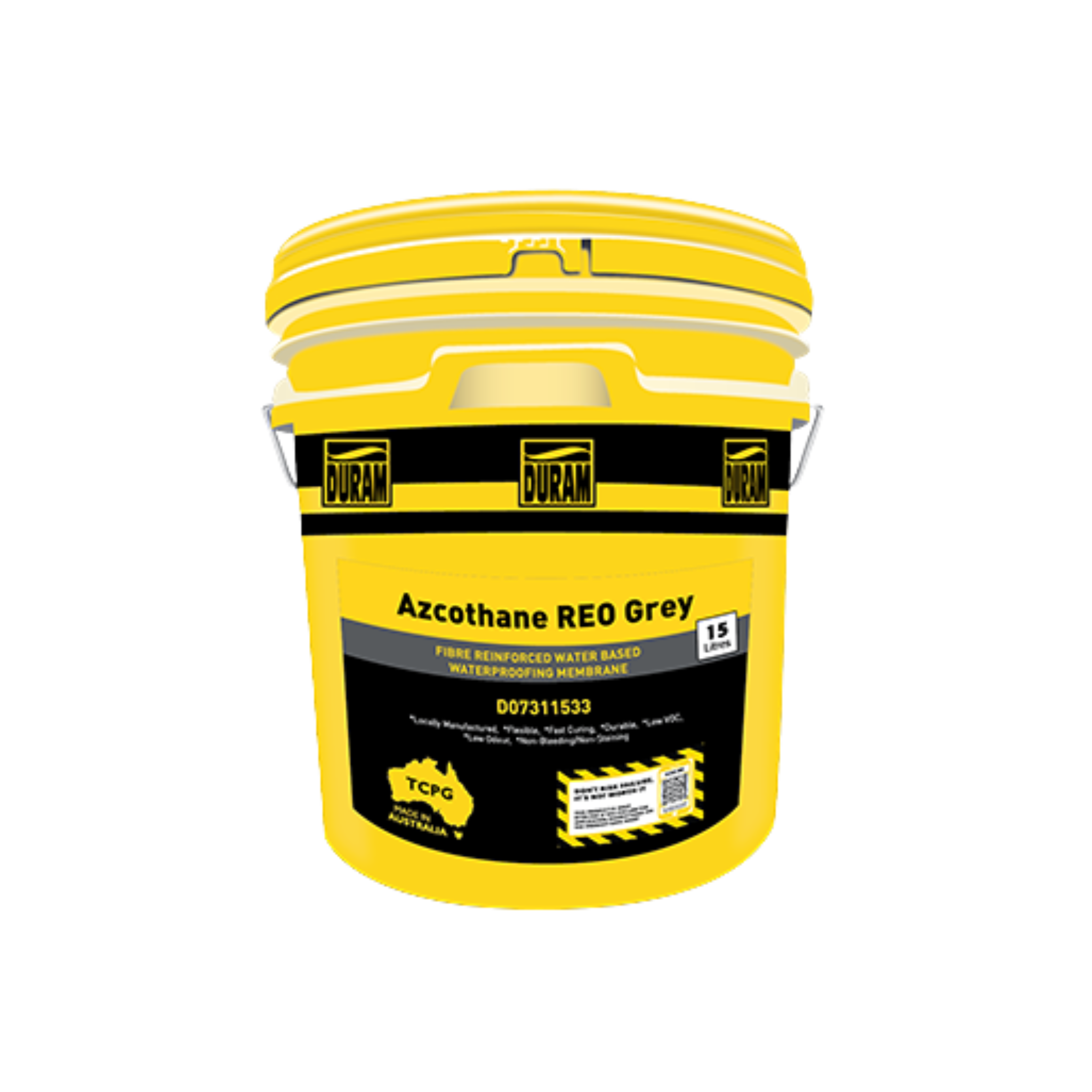 Duram Azcothane Reo 15L yellow pail of grey microfibre-reinforced waterproofing membrane for balconies, decks, AS 4654.1 C...
