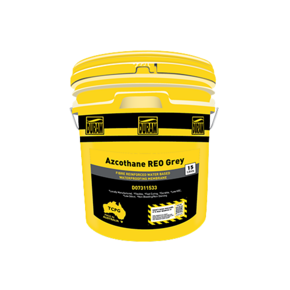 Duram Azcothane Reo 15L yellow pail of grey microfibre-reinforced waterproofing membrane for balconies, decks, AS 4654.1 C...