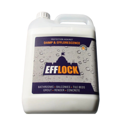 White 20L Efflock jerry can with water-bead graphic; hydrophobic additive controls efflorescence, damp in screeds, grouts,...