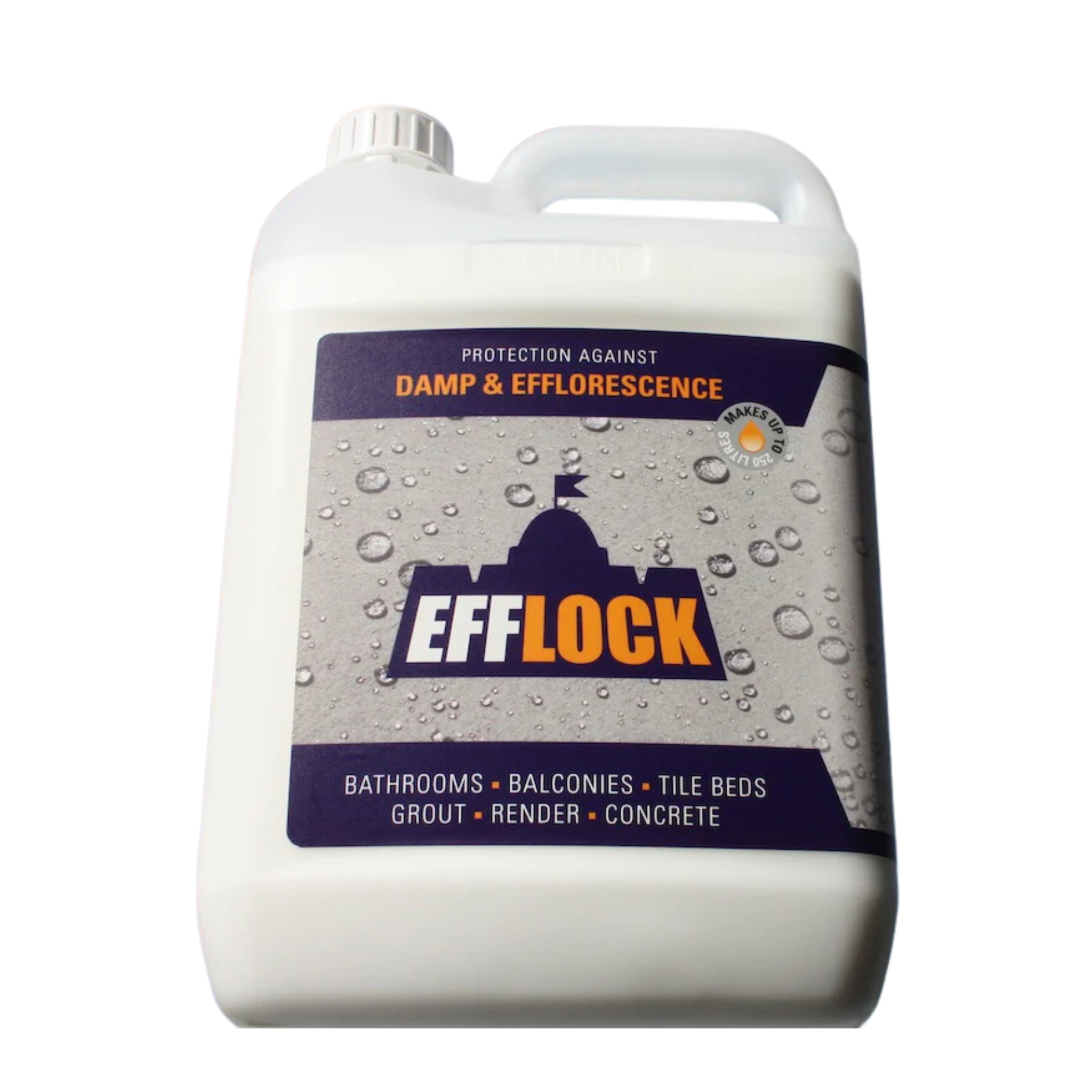 White 20L Efflock jerry can with water-bead graphic; hydrophobic additive controls efflorescence, damp in screeds, grouts,...