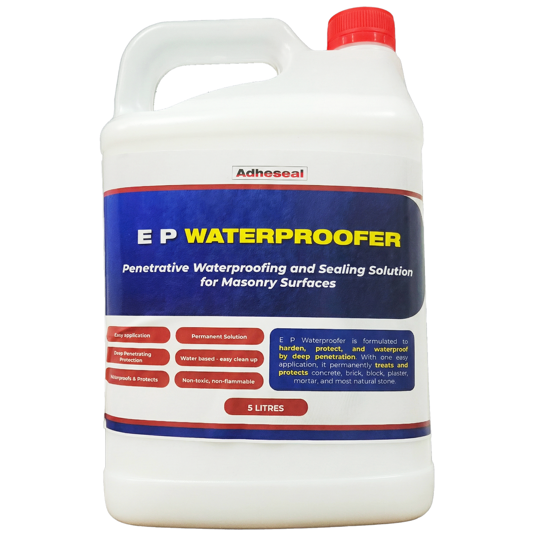 Adheseal EP Waterproofer 5L container. Penetrative waterproofing sealer for masonry, concrete, and brick substrates.
