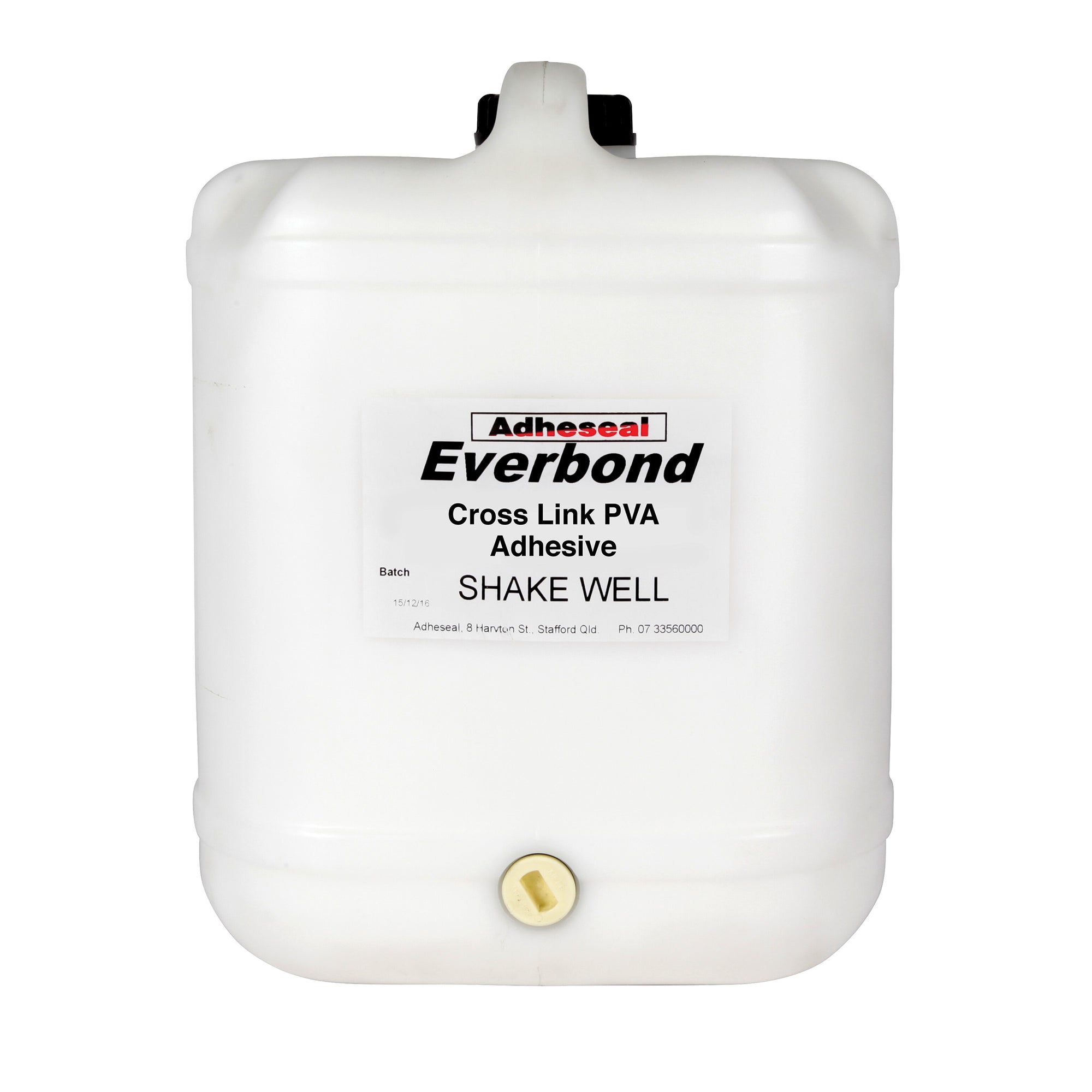 Adheseal Everbond PVA Xlink 3 in 20L white jerry can: self-crosslinking water-resistant PVA for high-strength wood bonding.