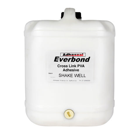 Adheseal Everbond PVA Xlink 3 in 20L white jerry can: self-crosslinking water-resistant PVA for high-strength wood bonding.