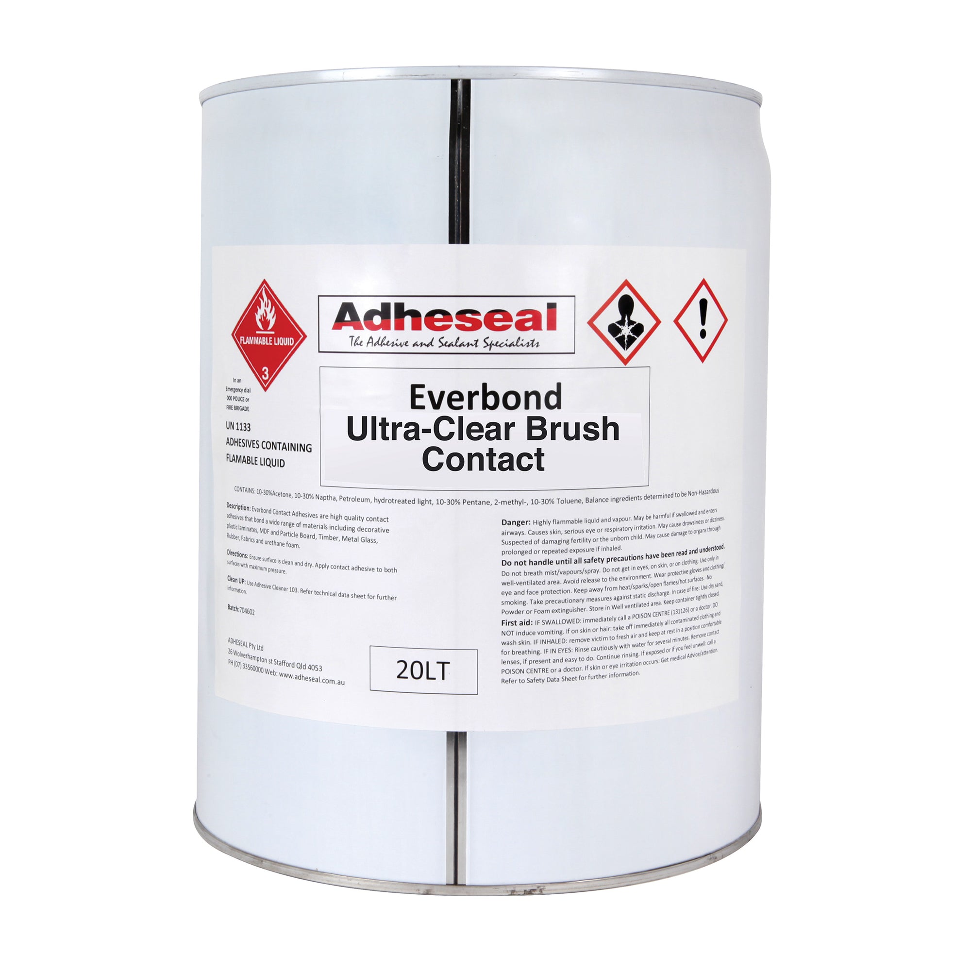 20L Adheseal Everbond Ultra Clear Brush Contact Adhesive pail for crystal-clear bonding of upholstery, trim, foam.