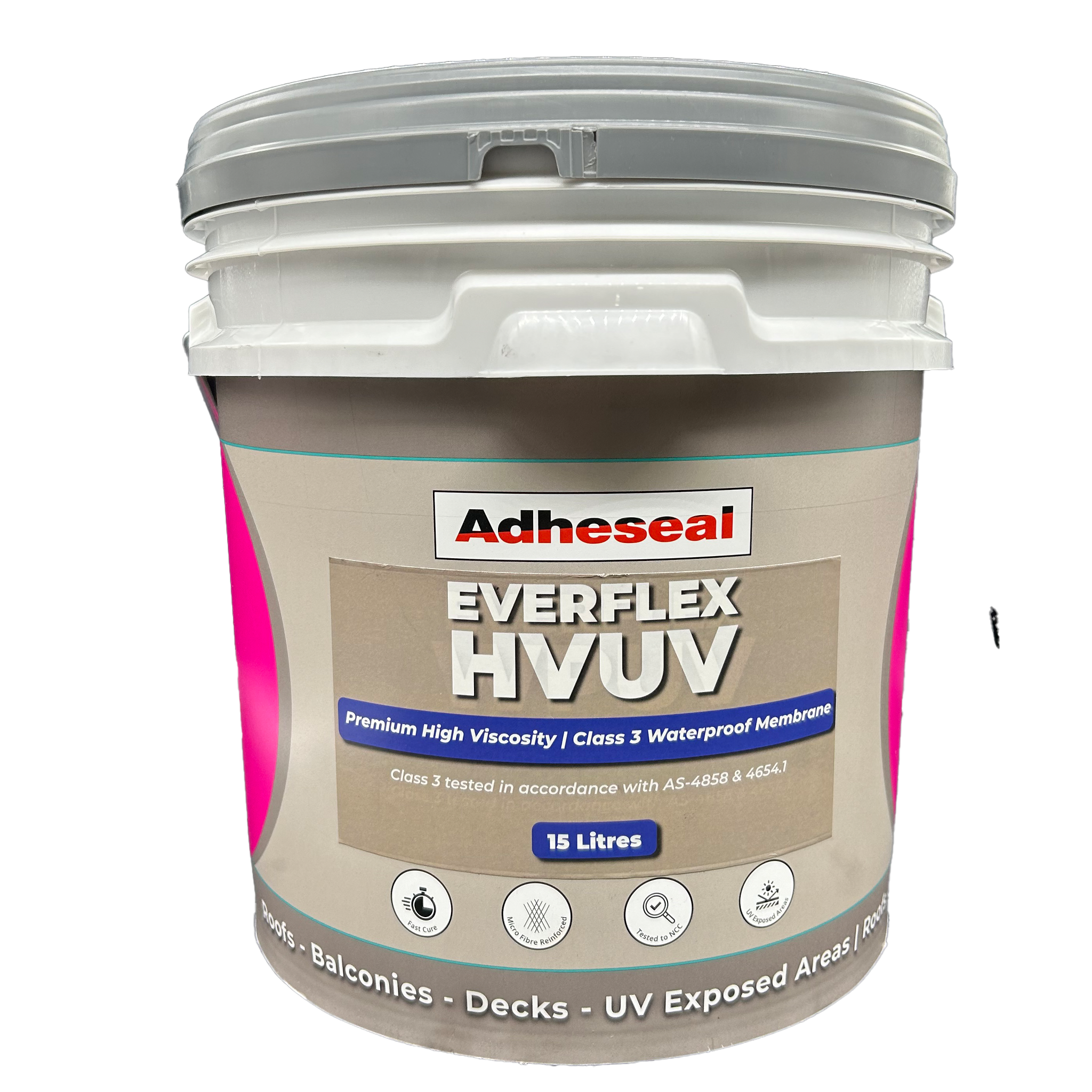 Adheseal Everflex HVUV 15L pail: premium Class III UV-stable waterproofing membrane for balconies, decks, rooftops.