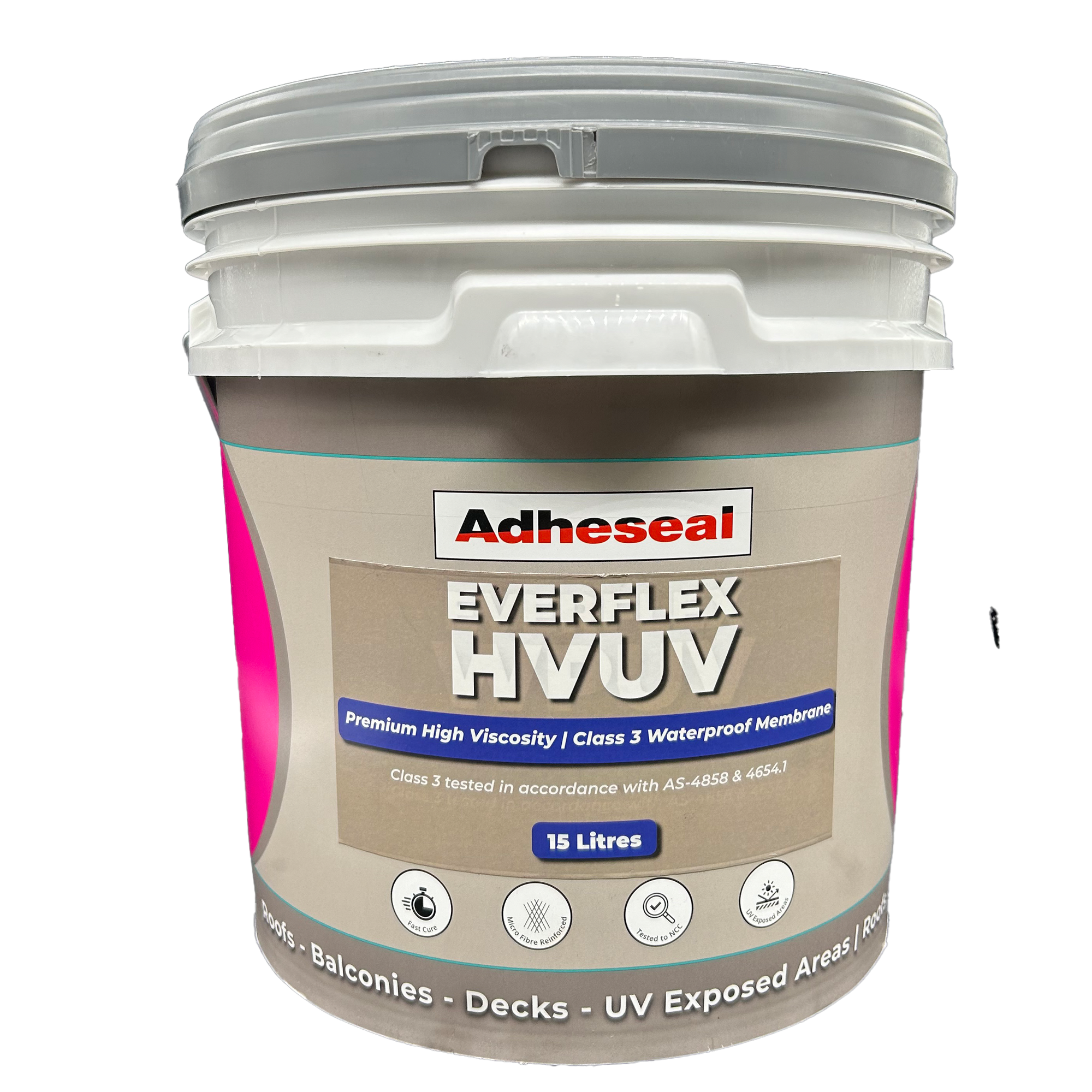 Adheseal Everflex HVUV 15L pail: premium Class III UV-stable waterproofing membrane for balconies, decks, rooftops.
