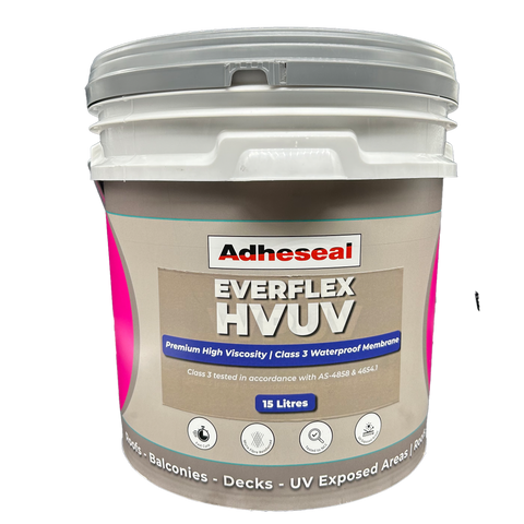 Adheseal Everflex HVUV 15L pail: premium Class III UV-stable waterproofing membrane for balconies, decks, rooftops.