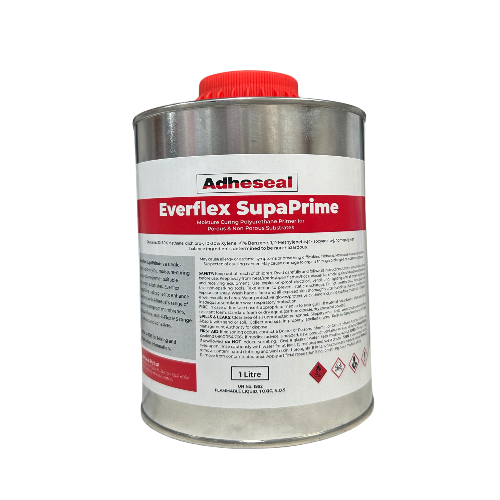 Adheseal Everflex Supaprime 1L tin, moisture-curing PU primer for secure bond of waterproofing membranes & PU sealants.