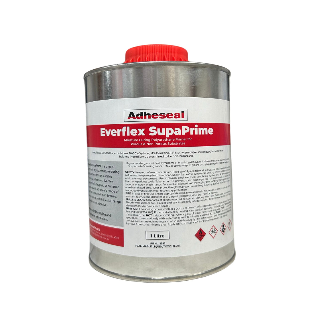 Adheseal Everflex Supaprime 1L tin, moisture-curing PU primer for secure bond of waterproofing membranes & PU sealants.