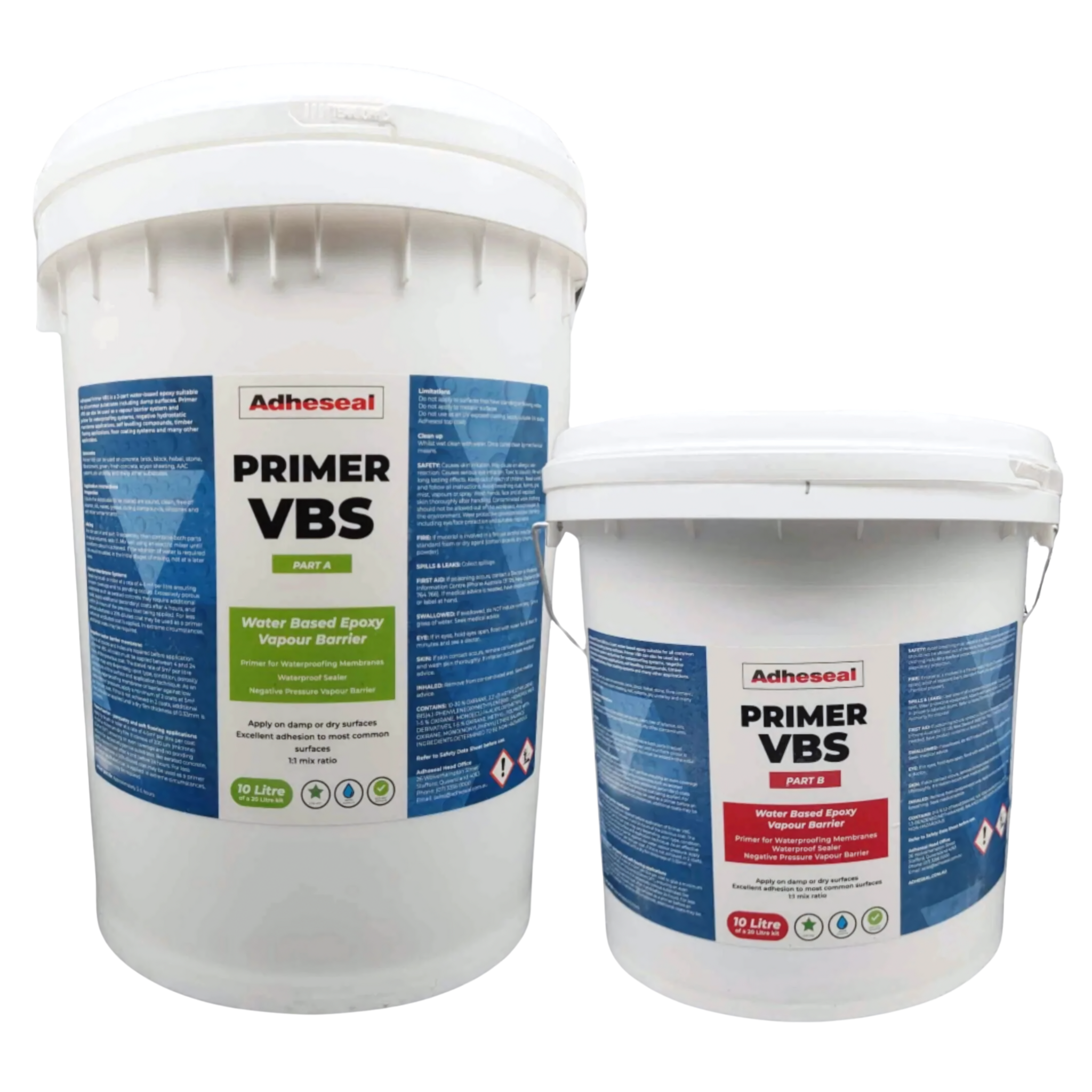Adheseal Primer VBS two-part water-based epoxy pails: Part A (blue) & Part B (white) – seals concrete vapour barrier, prev...