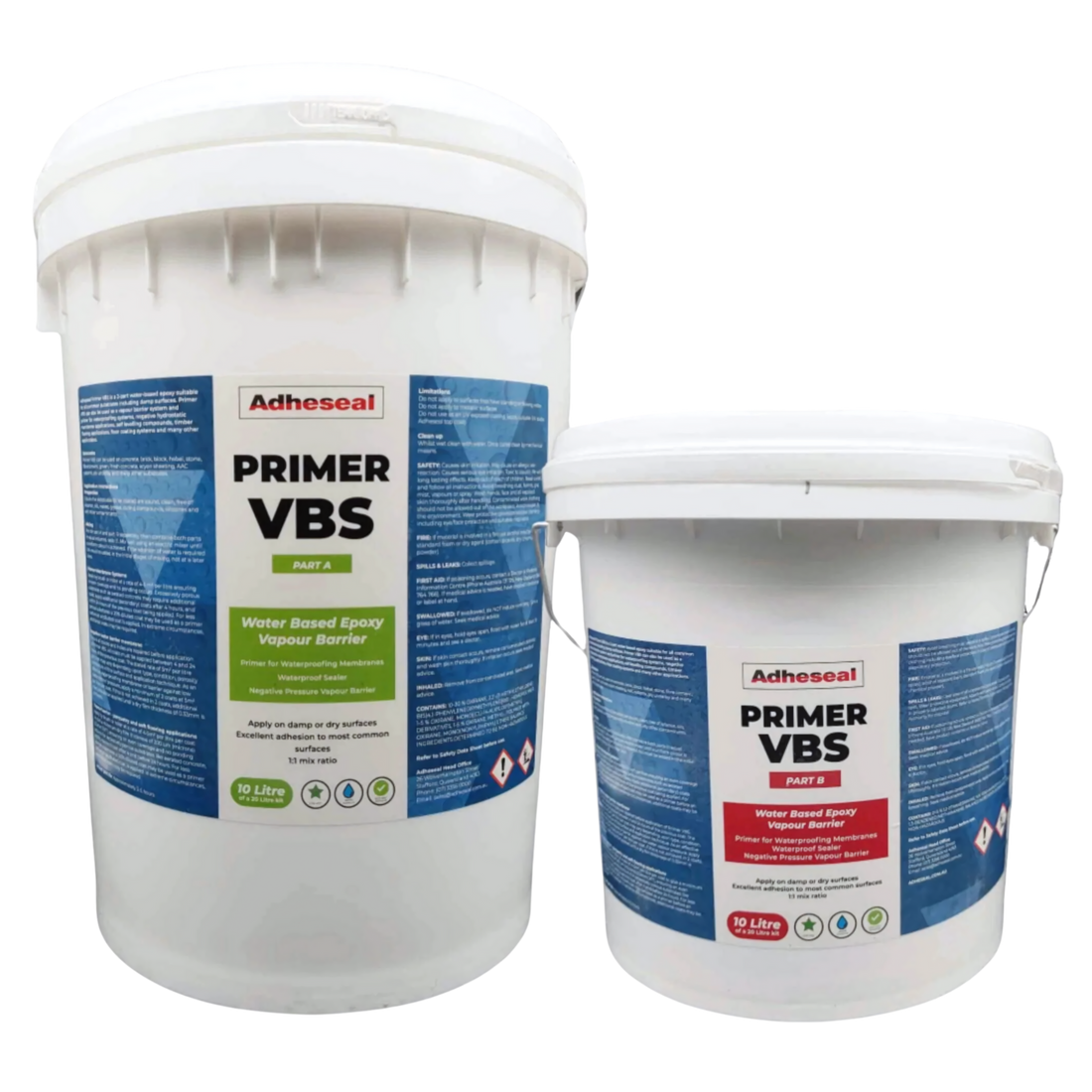 Adheseal Primer VBS two-part water-based epoxy pails: Part A (blue) & Part B (white) – seals concrete vapour barrier, prev...
