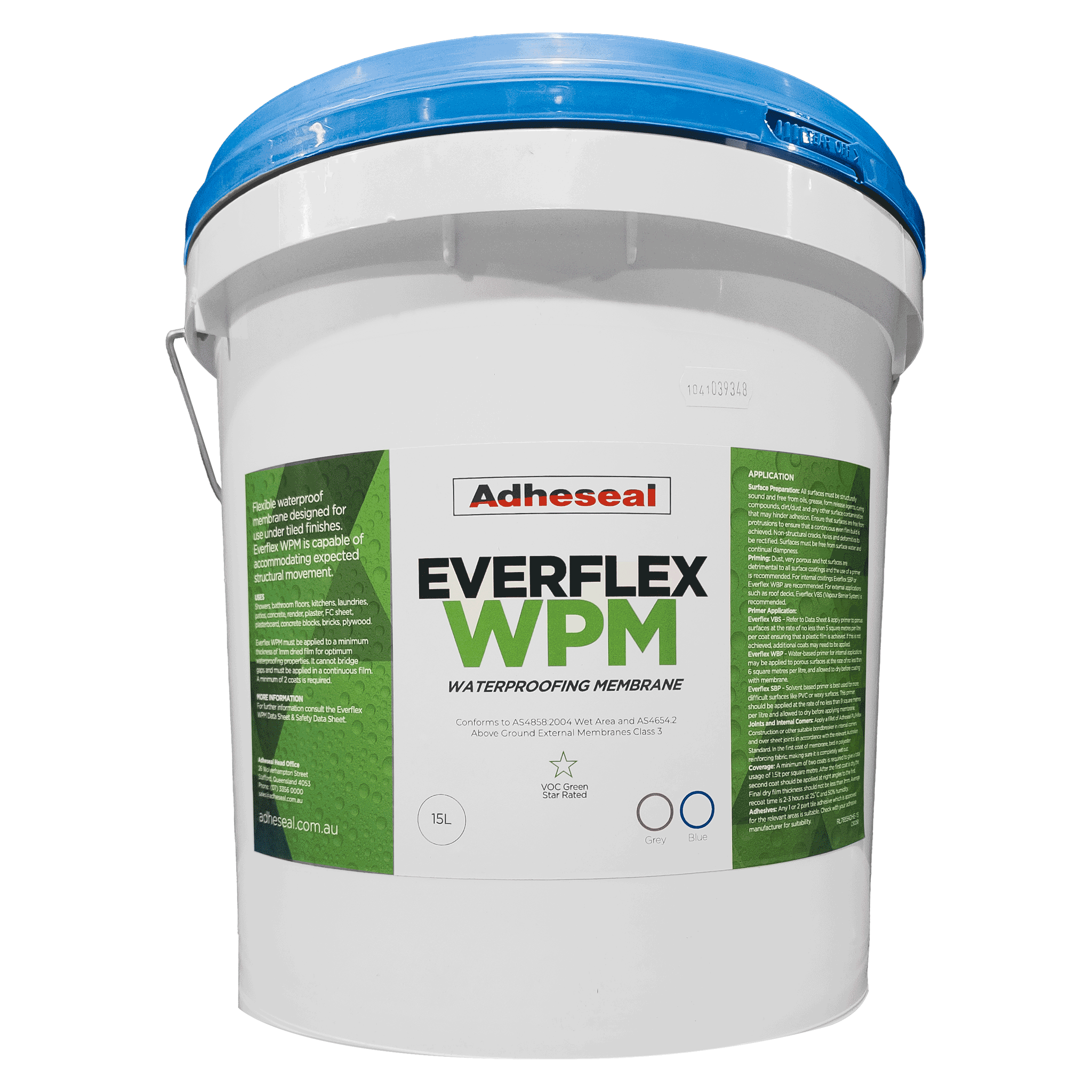 5L Adheseal Everflex WPM pail, Class 3 fibre-reinforced waterproofing membrane for wet areas, balconies, decks prior to ti...