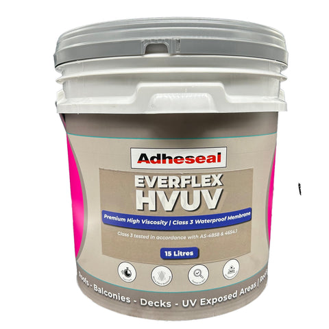 Adheseal Everflex HVUV 15L pail: premium Class III UV-stable waterproofing membrane for balconies, decks, rooftops.