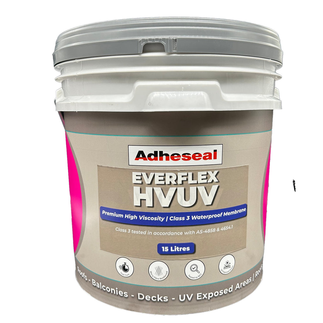 Adheseal Everflex HVUV 15L pail: premium Class III UV-stable waterproofing membrane for balconies, decks, rooftops.