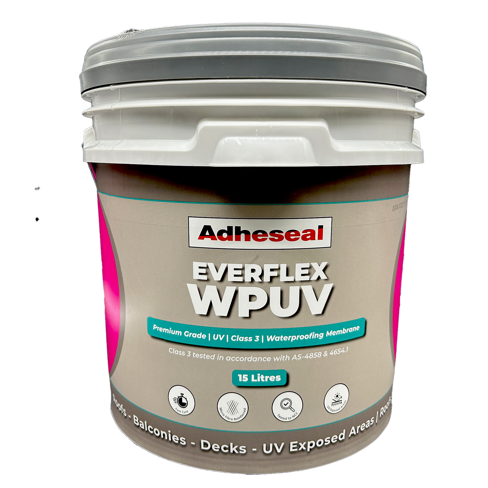 Adheseal Everflex WPUV 15L pail: water-based polyurethane waterproofing membrane, Class 3 UV stable for balconies, decks, ...