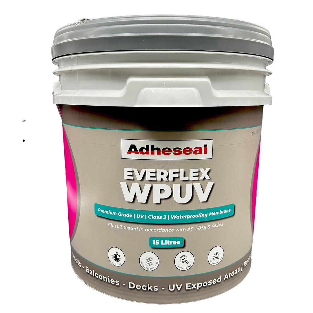 Adheseal Everflex WPUV 15L pail: water-based polyurethane waterproofing membrane, Class 3 UV stable for balconies, decks, ...