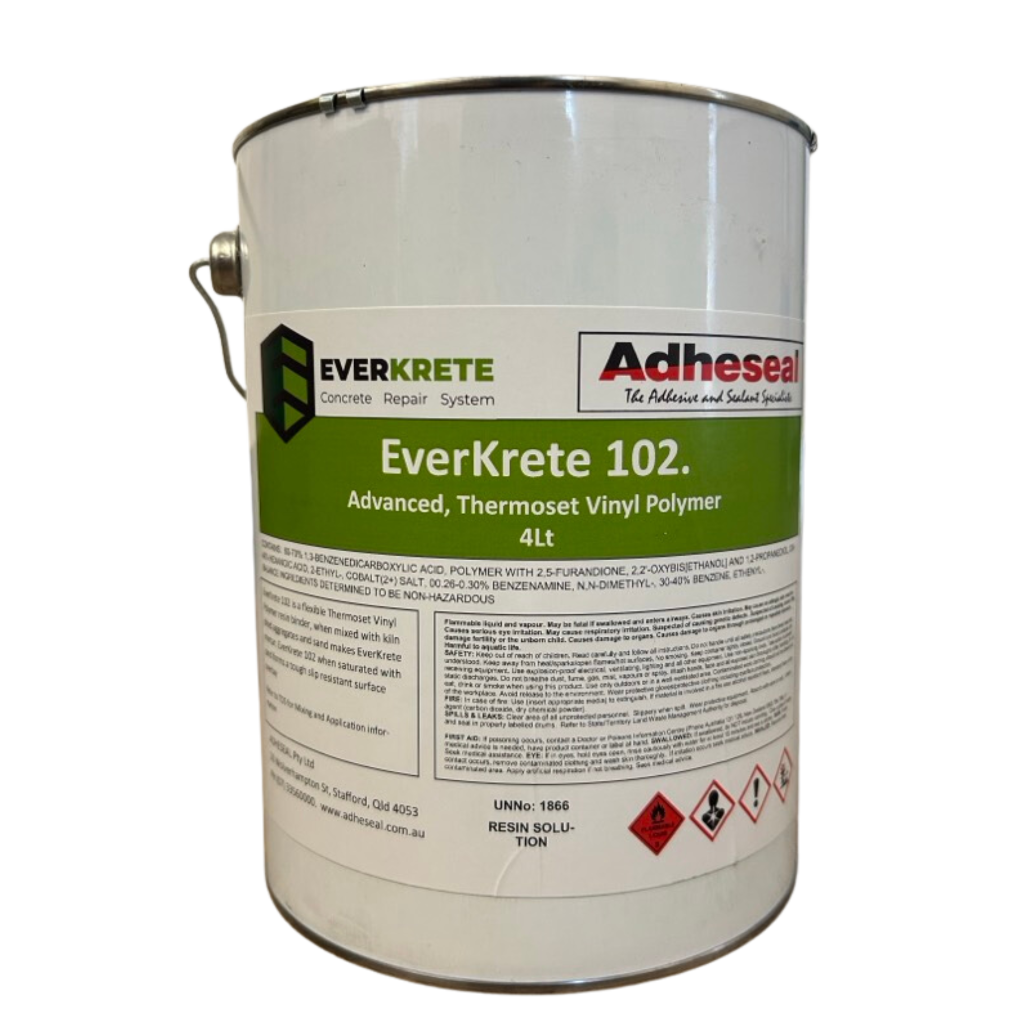 EverKrete 102 4L pail: thermoset vinyl resin binder for rapid-cure, 70 MPa concrete repair mortars, vertical/overhead patc...