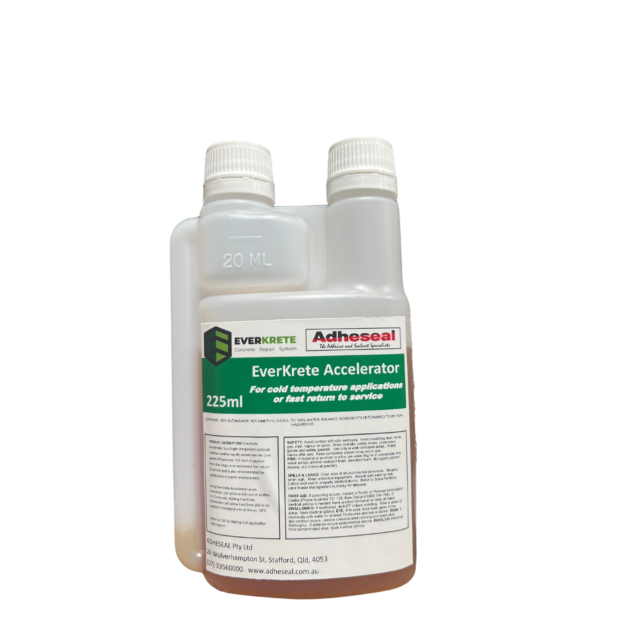 EverKrete Accelerator 225ml/20ml bottles: accelerates EverKrete 102 resin cure to 15min in -18°C concrete repairs.