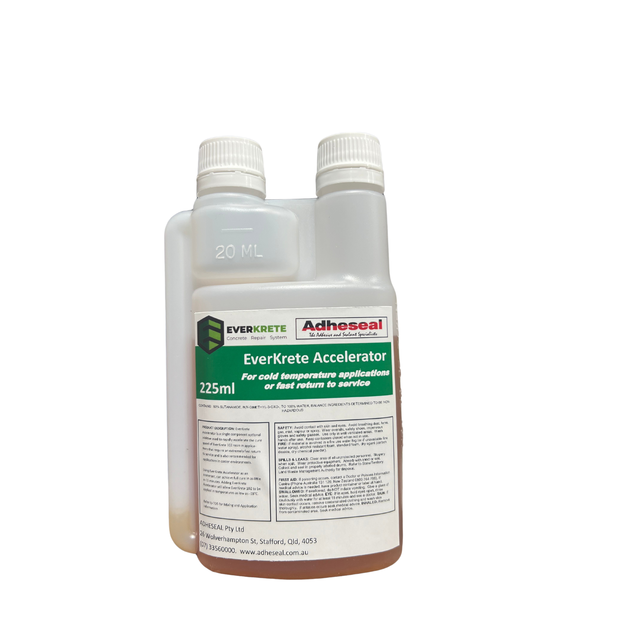 EverKrete Accelerator 225ml/20ml bottles: accelerates EverKrete 102 resin cure to 15min in -18°C concrete repairs.