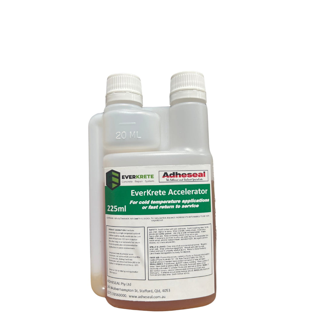 EverKrete Accelerator 225ml/20ml bottles: accelerates EverKrete 102 resin cure to 15min in -18°C concrete repairs.