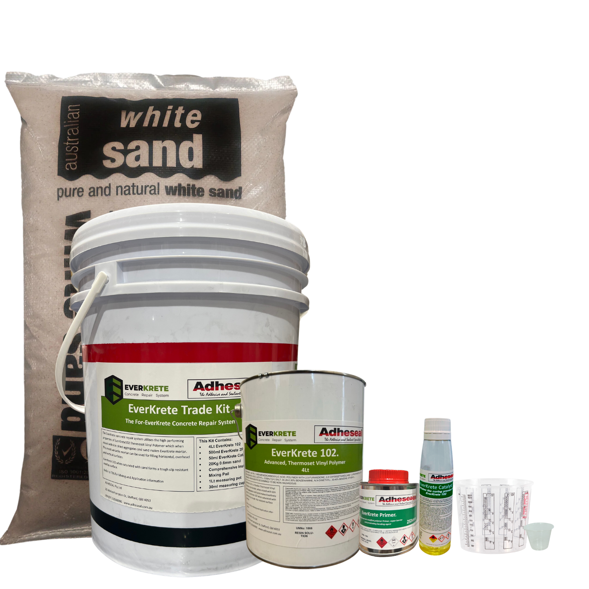 EverKrete Concrete Repair System Trade Kit: 102 bucket, primer, catalyst, sand for rapid vertical/overhead patching.