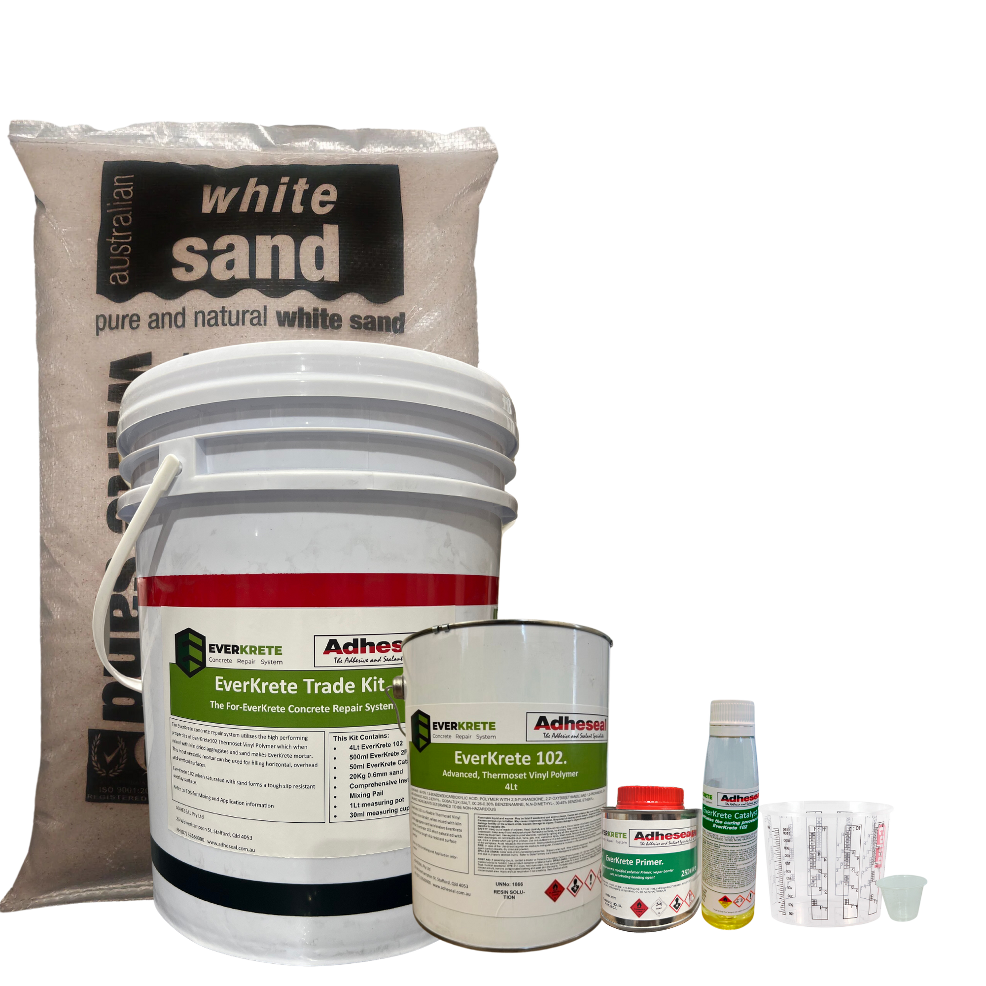 EverKrete Concrete Repair System Trade Kit: 102 bucket, primer, catalyst, sand for rapid vertical/overhead patching.