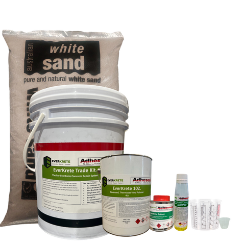 EverKrete Concrete Repair System Trade Kit: 102 bucket, primer, catalyst, sand for rapid vertical/overhead patching.