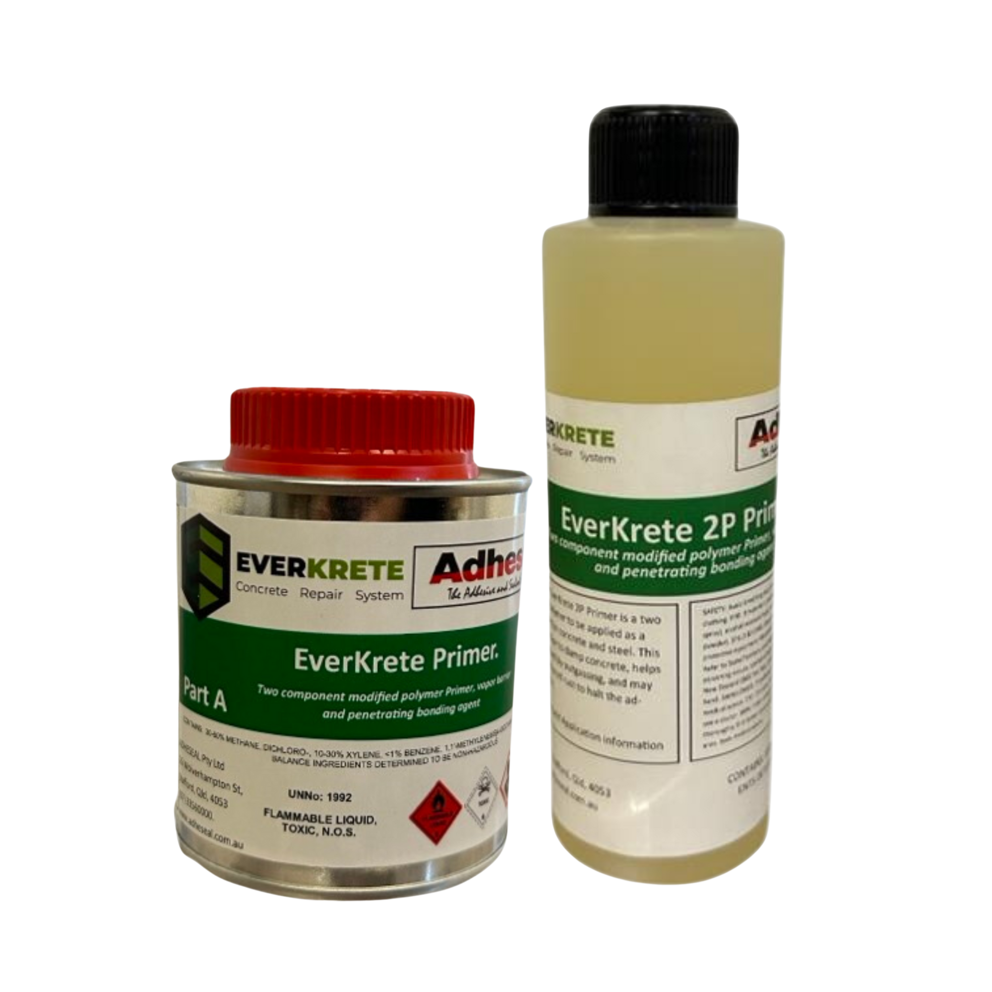 EverKrete Primer Part A tin & 2P bottle: vapour barrier bonding primer for concrete/steel adhesion, prevents pinholes.