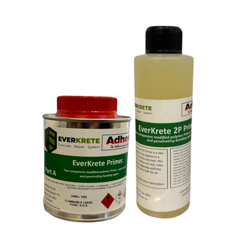 EverKrete Primer Part A tin & 2P bottle: vapour barrier bonding primer for concrete/steel adhesion, prevents pinholes.