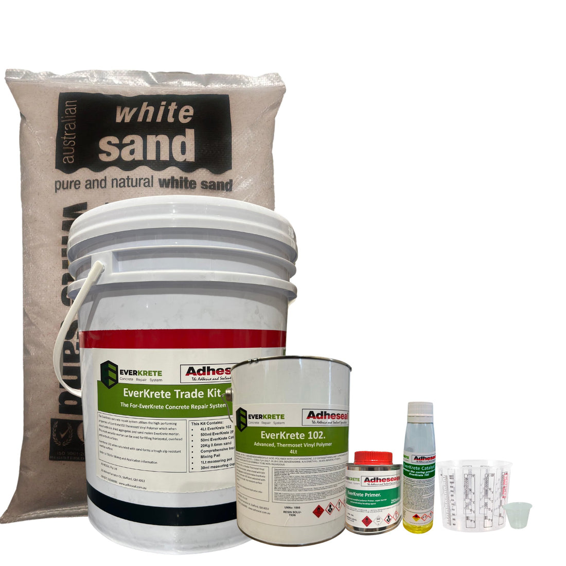 EverKrete Concrete Repair System Trade Kit: 102 bucket, primer, catalyst, sand for rapid vertical/overhead patching.