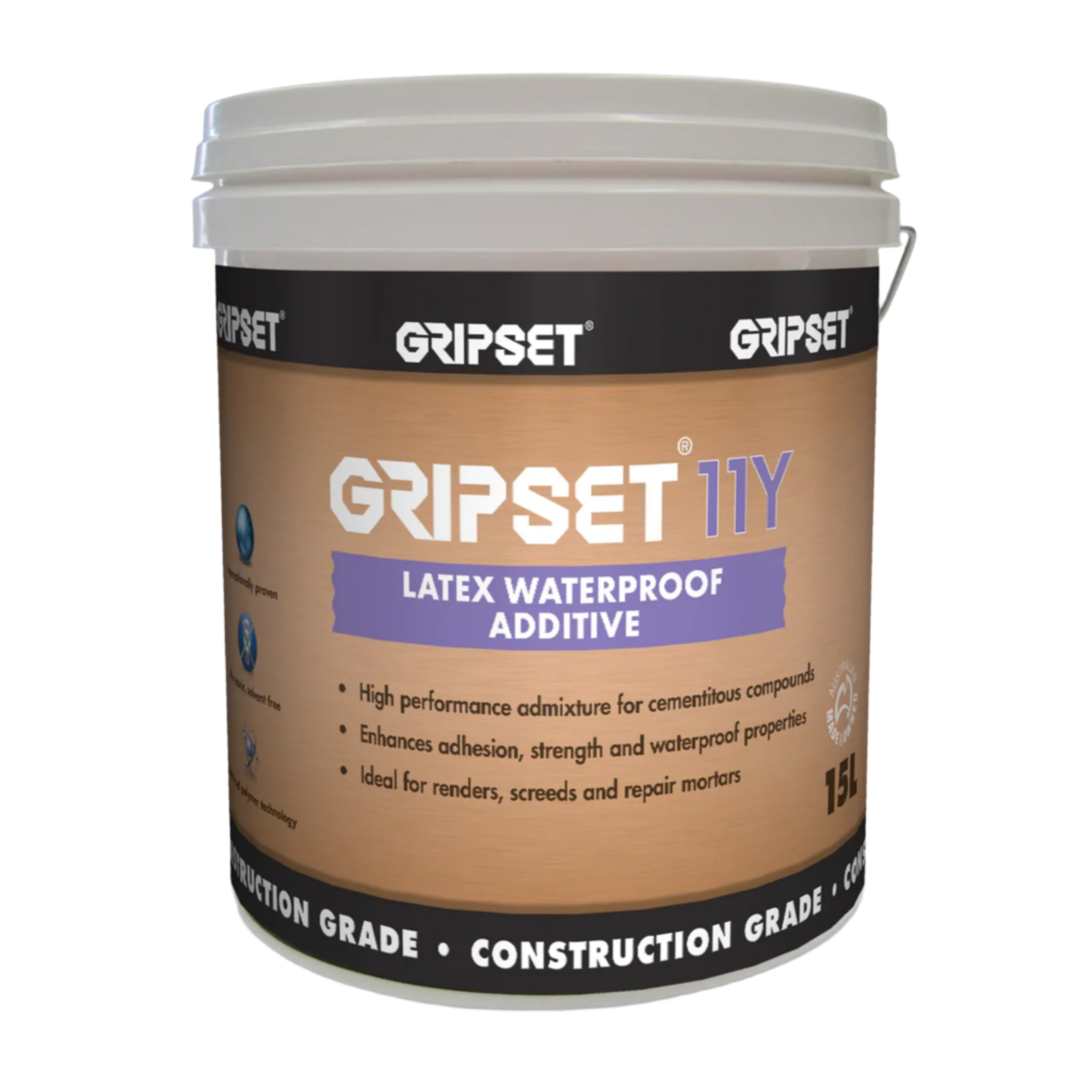 Gripset 11Y 15L SBR latex pail boosts adhesion, strength & waterproofing in cement screeds, renders for wet areas.
