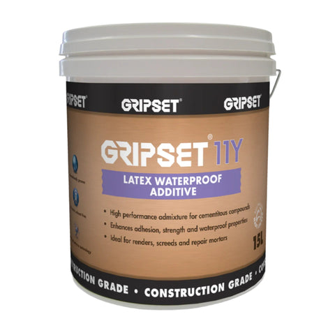 Gripset 11Y 15L SBR latex pail boosts adhesion, strength & waterproofing in cement screeds, renders for wet areas.