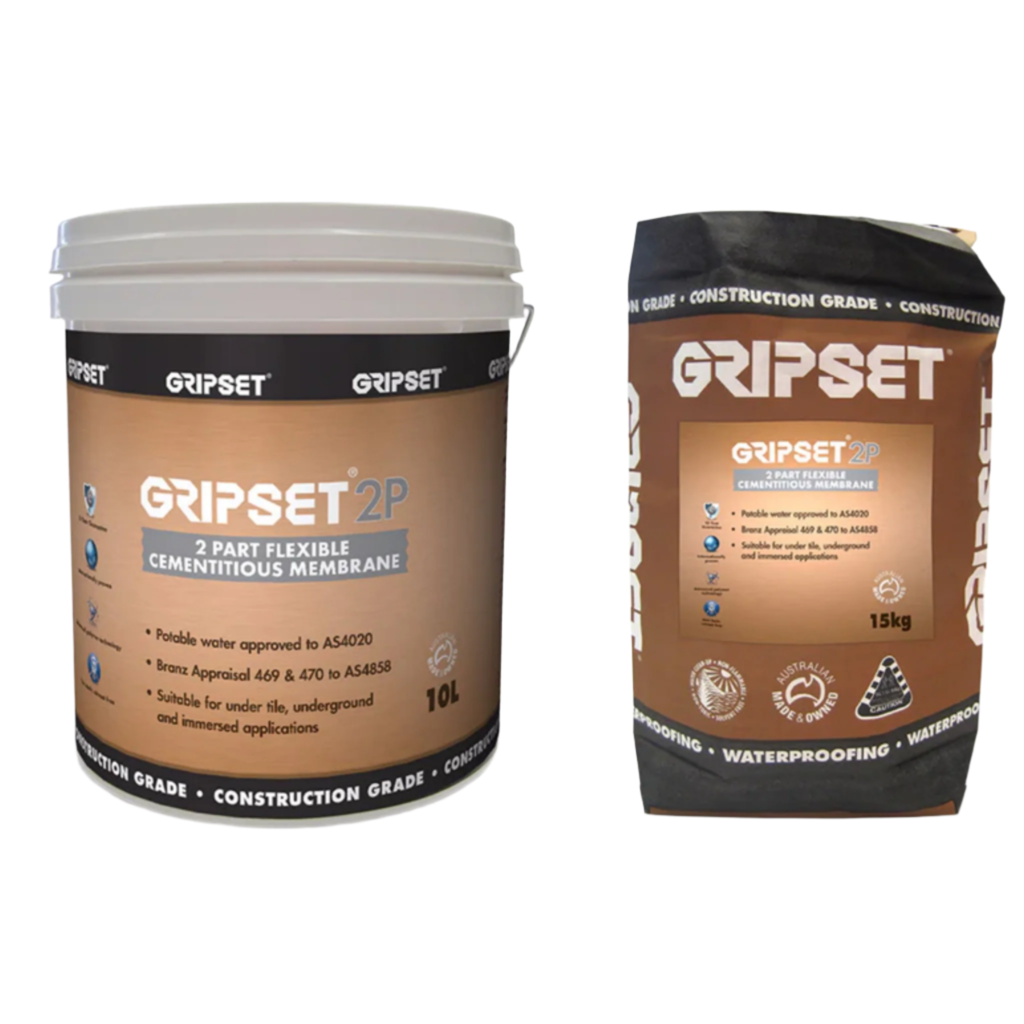 Gripset 2P 2-part flexible cementitious waterproofing membrane: 10L pail + 15kg powder bag, AS4858 for pools, wet areas.