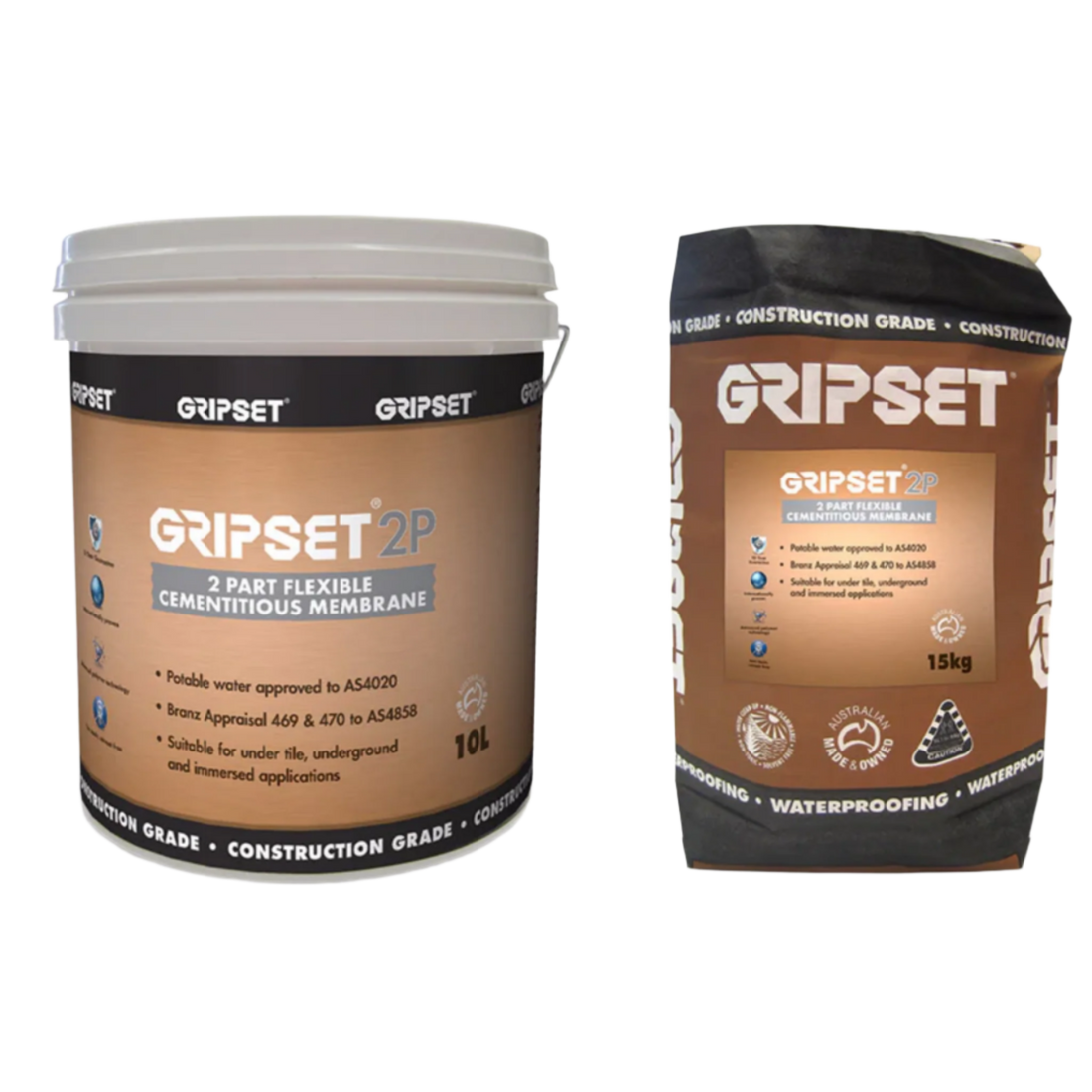 Gripset 2P 2-part flexible cementitious waterproofing membrane: 10L pail + 15kg powder bag, AS4858 for pools, wet areas.