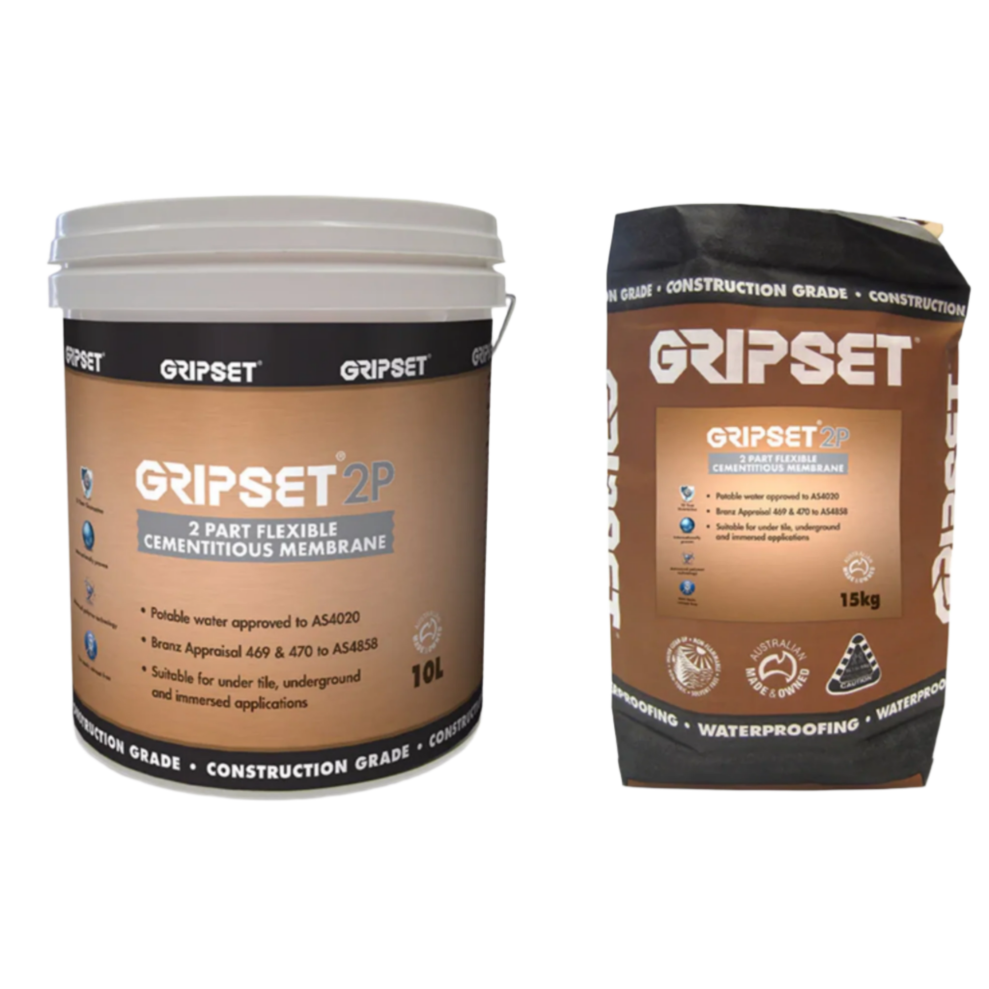 Gripset 2P 2-part flexible cementitious waterproofing membrane: 10L pail + 15kg powder bag, AS4858 for pools, wet areas.