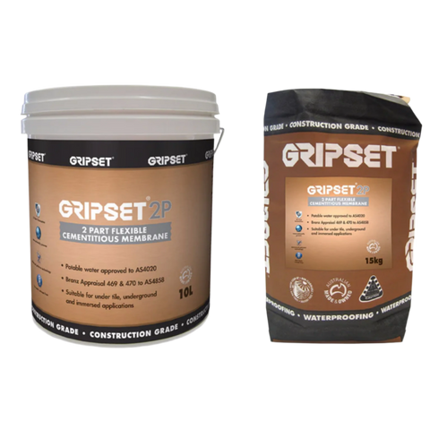 Gripset 2P 2-part flexible cementitious waterproofing membrane: 10L pail + 15kg powder bag, AS4858 for pools, wet areas.
