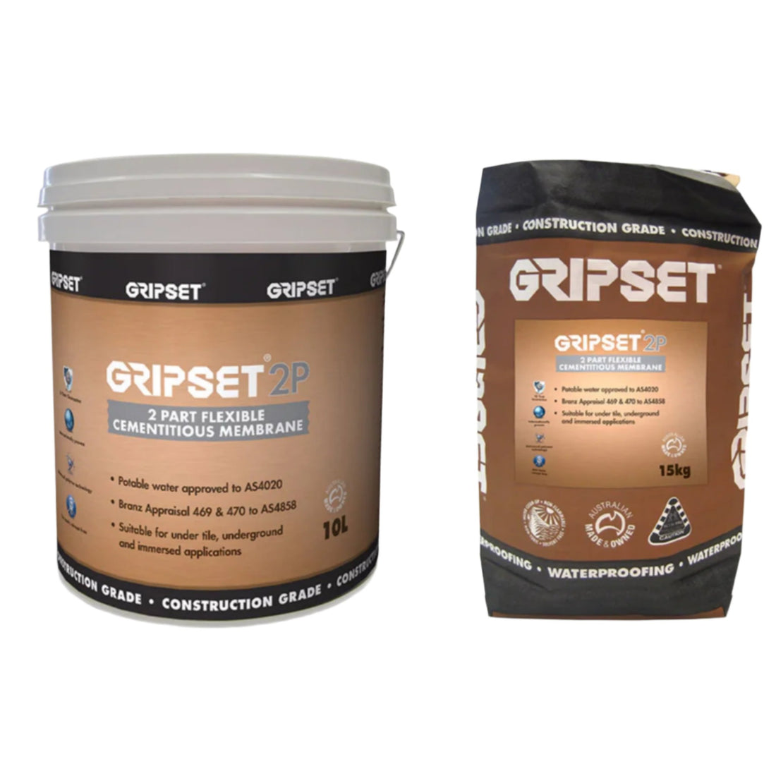 Gripset 2P 2-part flexible cementitious waterproofing membrane: 10L pail + 15kg powder bag, AS4858 for pools, wet areas.