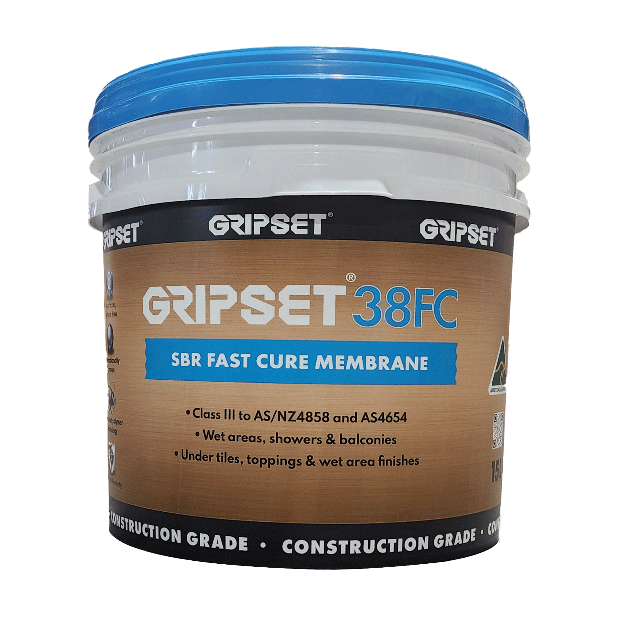 18L Gripset 38FC SBR fast-cure waterproofing membrane for wet areas, showers & balconies under toppings, AS 4858 compliant.