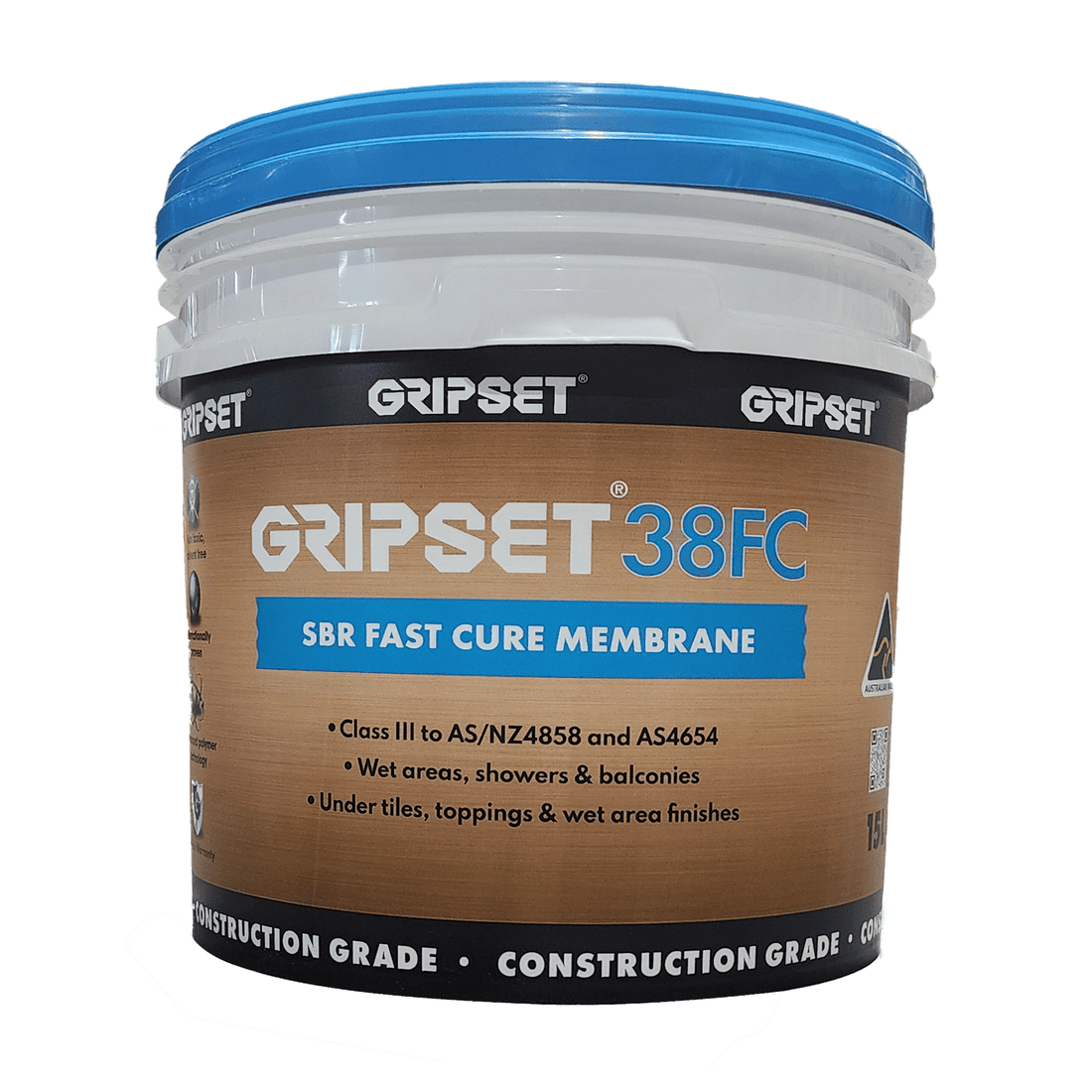 18L Gripset 38FC SBR fast-cure waterproofing membrane for wet areas, showers & balconies under toppings, AS 4858 compliant.
