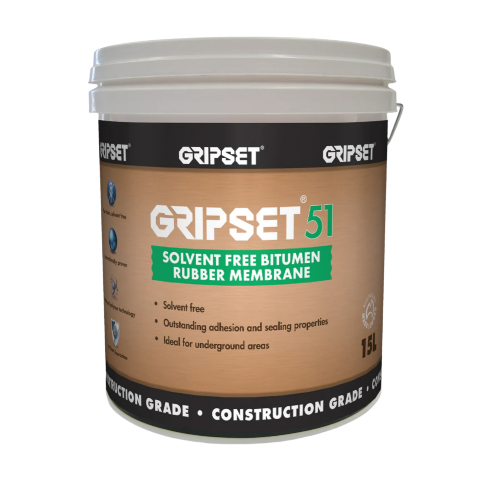 15L Gripset 51 pail, solvent-free bitumen rubber waterproofing membrane for retaining walls, basements & crack-bridging.